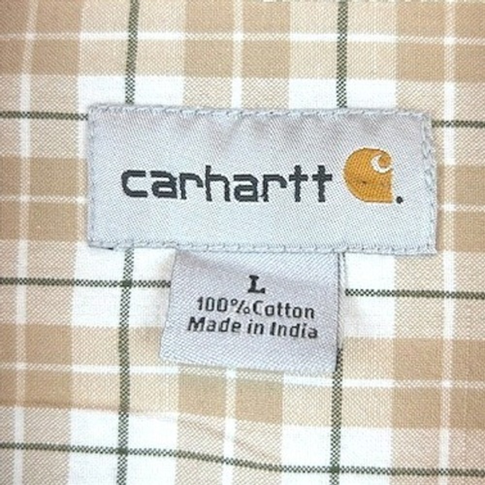 Carhartt Mens Tan White Plaid Short Sleeve Button Down Cotton Shirt Large - Picture 3 of 6